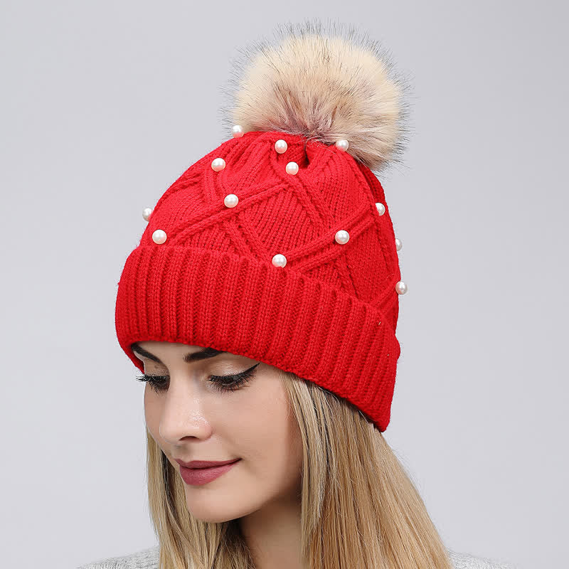 Women's Cute Pearls Deor Pompoms Stretchy Knitted Hat - Red - Adjustable (21 5/8"-23 5/8") - image 6