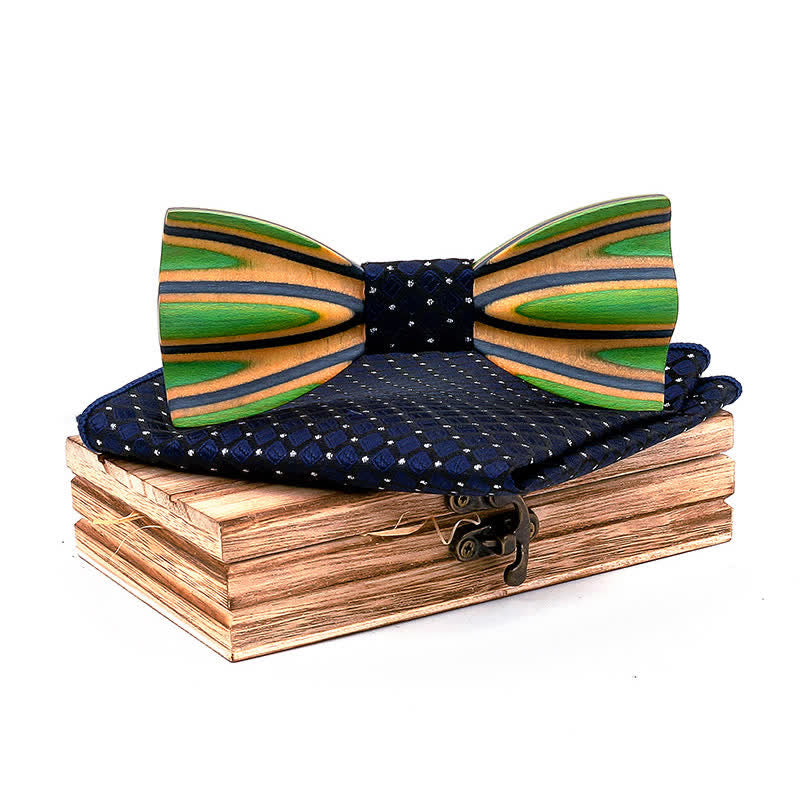 2Pcs Men's Dazzling Laser Engraving Wooden Bow Tie Set - Navy - image 9