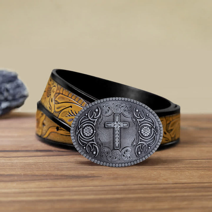 Men's DIY Faith Cross Floral Buckle Leather Belt - Antique Silver - SandyBrown Belt (40) - image 20