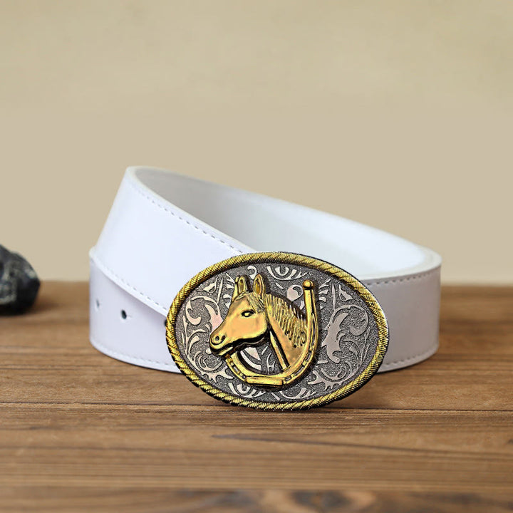 Men's DIY Golden Horseshoe Buckle Leather Belt - Horseshoe - White PU Belt (40) - image 5