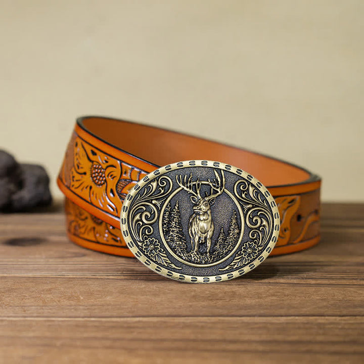 Men's DIY Deer Hunter American Flag Buckle Leather Belt - Gold Deer - Orange Carved Belt (40) - image 42