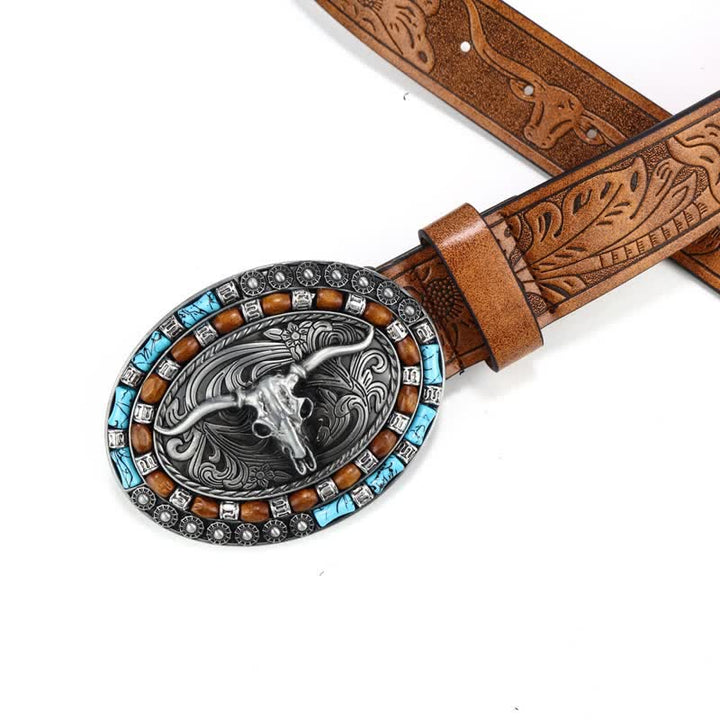 Men's Western Cowboy Turquoise Bull Leather Belt - image 4