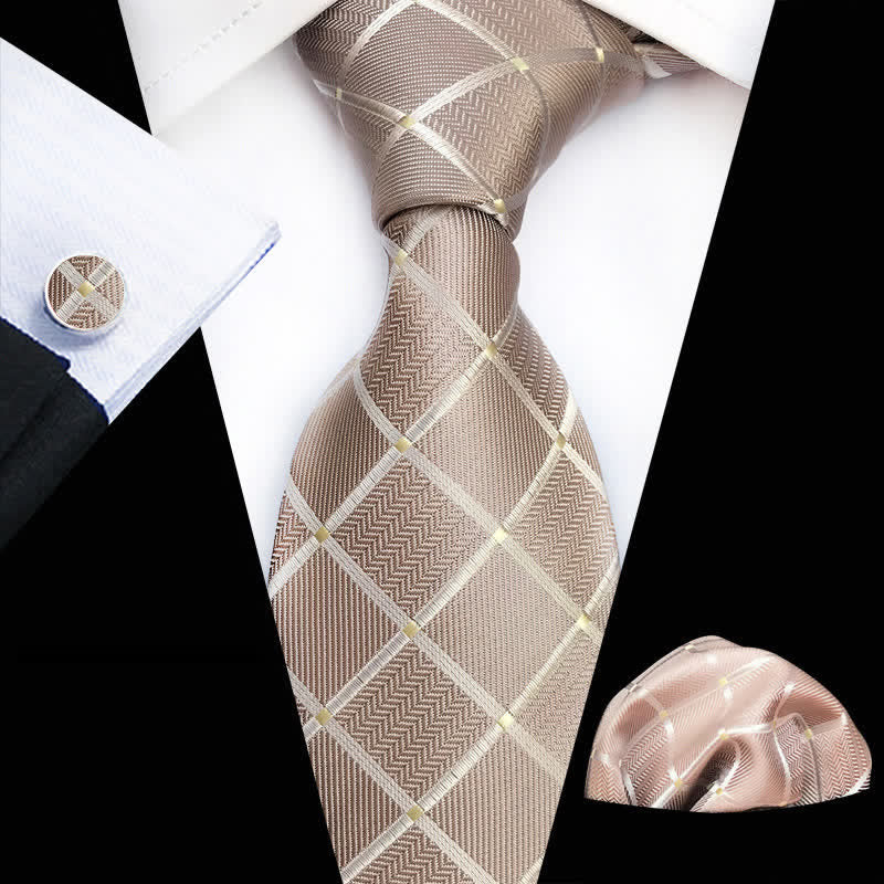 3Pcs Men's Elegant Beige Plaid Necktie Set - Beige - image 0
