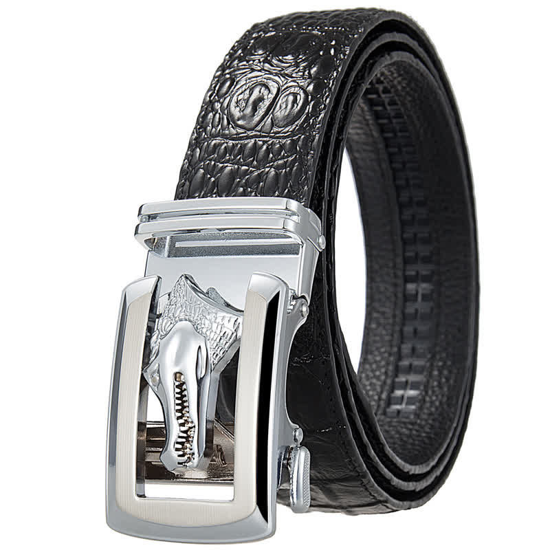 Men's Hollow Automatic Buckle Crocodile Print Leather Belt - Black / Silver - 46 - image 9