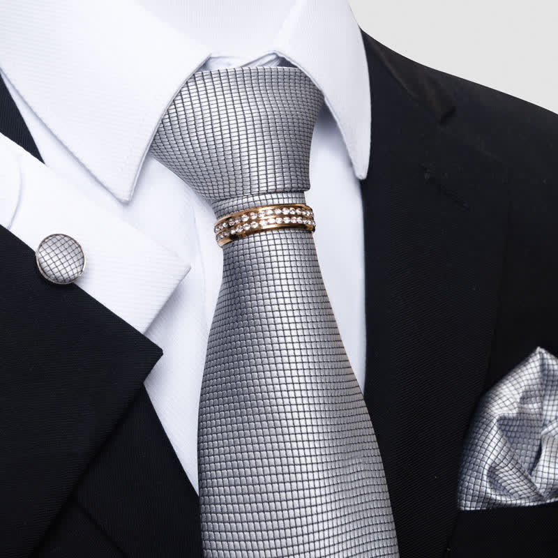 4Pcs Men's Micro-checked Necktie Set With Tie Ring - Gray - image 0