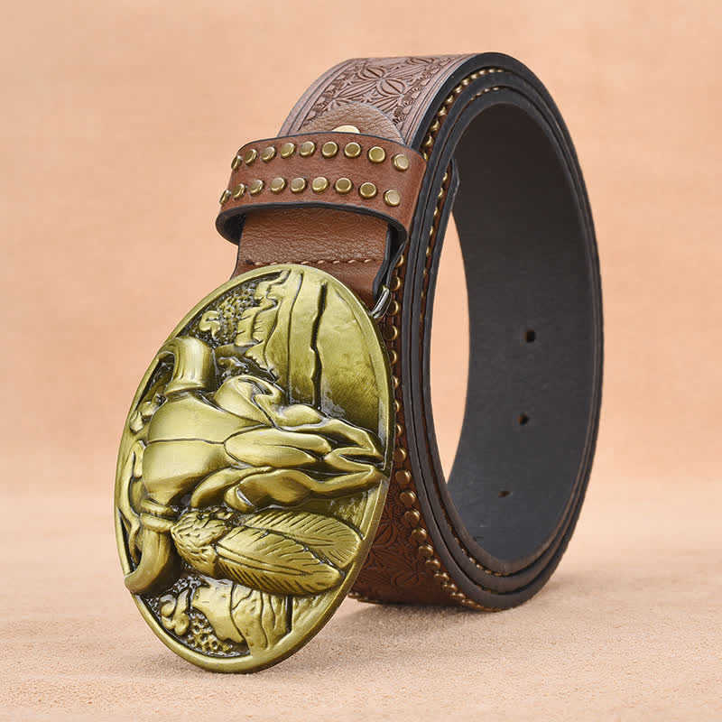 Men's Bull Head Buckle Rivet Decor Leather Belt - Brown - 44 - image 10