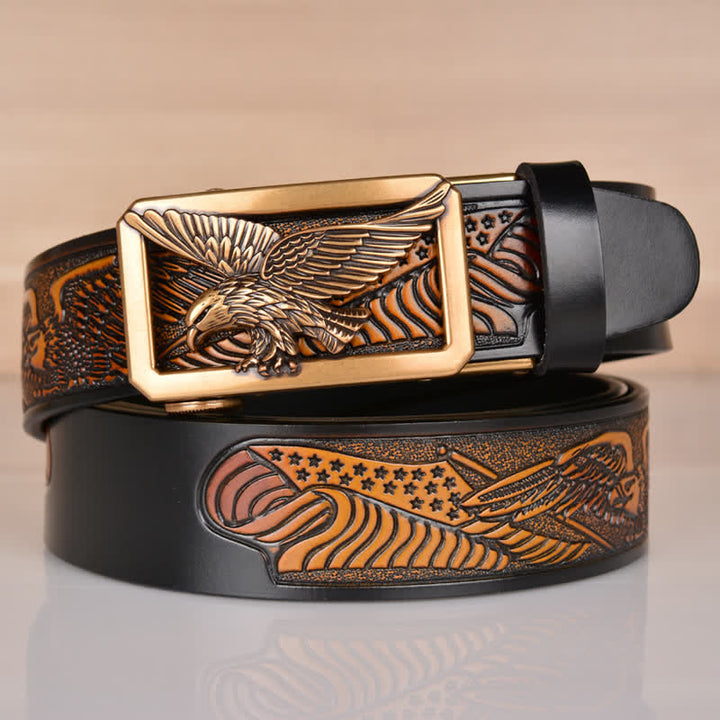 Men's Hollow Eagle Buckle Embossed Leather Belt - Gold & Black - 46 - image 14