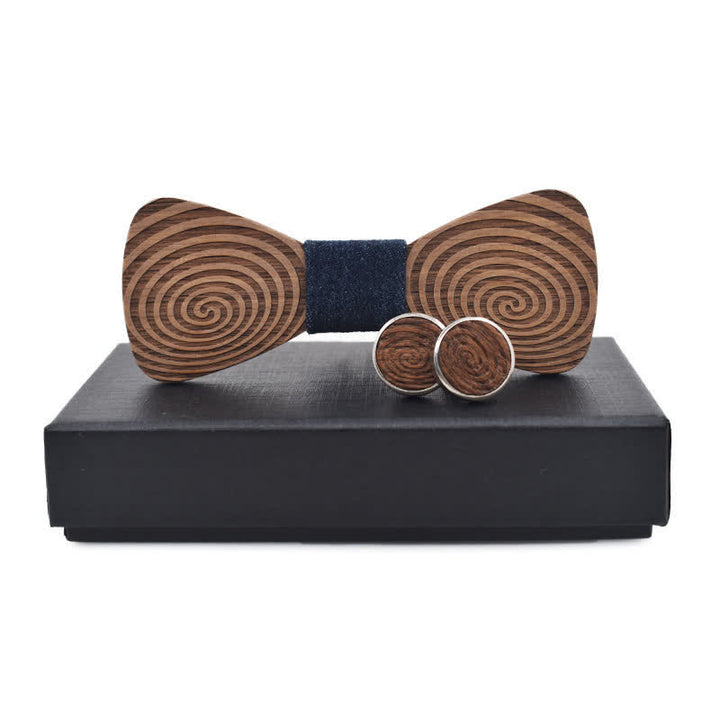 2Pcs Men's Hypnosis Swirl Printing Wooden Bow Tie Set - Dark Blue - image 5