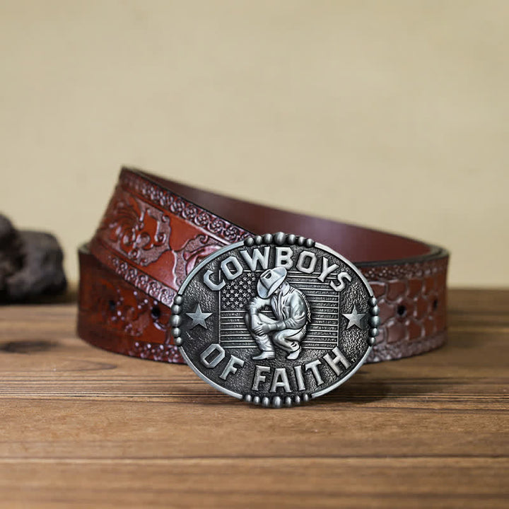 Men's DIY Cowboys Of Faith Buckle Leather Belt - Antique Silver - Brown Carved Belt (40) - image 17