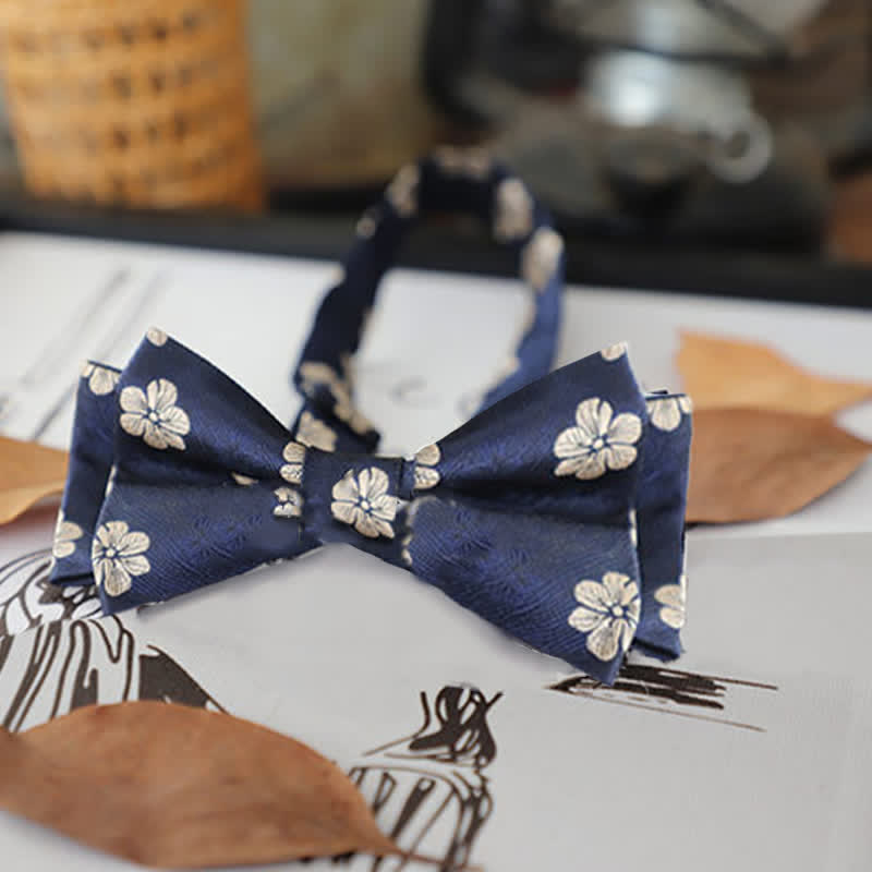 Men's Retro Floral Leaves Bow Tie - Navy Flower - image 12