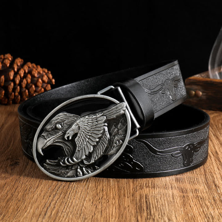 Men's Carved Bald Hawk Eagle Buckle Leather Belt - Black #2 - 42 - image 7