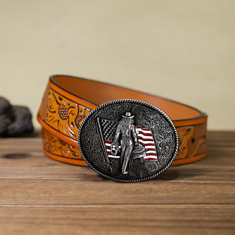 Men's DIY Cowboy American Flag Buckle Leather Belt - Antique Silver - Orange Carved Belt (40) - image 20