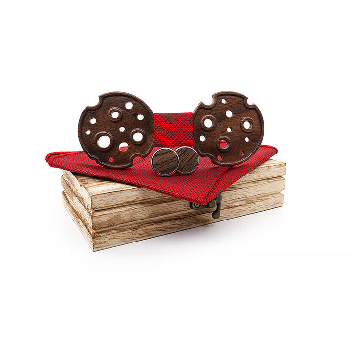 3Pcs Men's Hollow Circle Wooden Bow Tie Set - Red - image 12