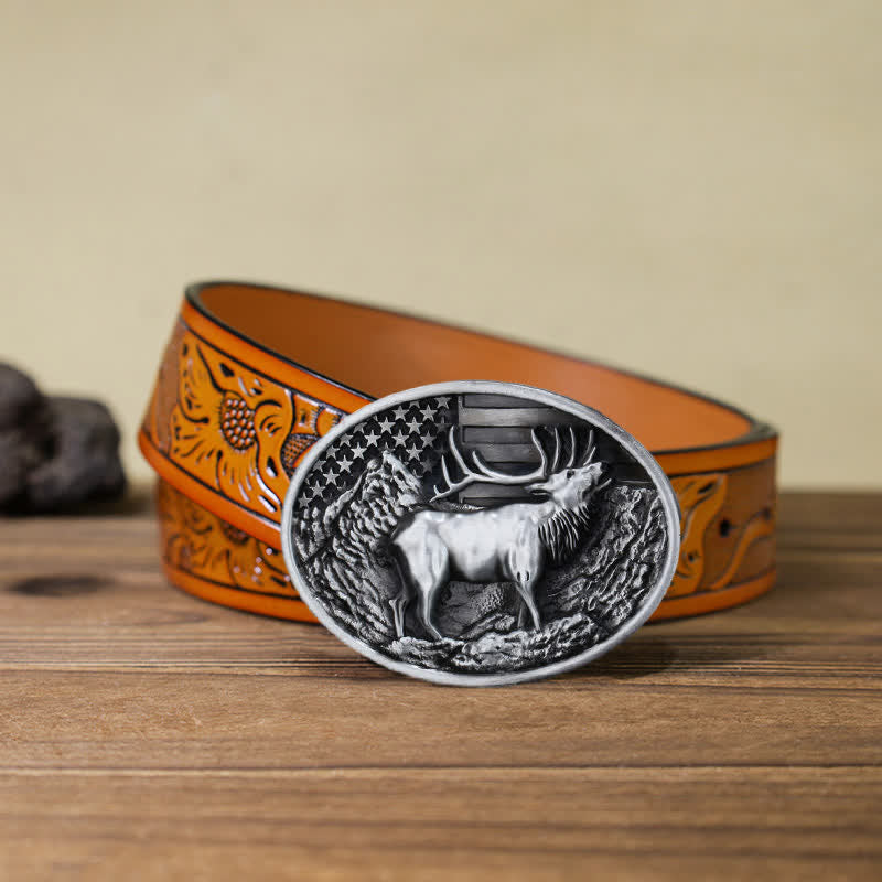 Men's DIY Elk Deer American Flag Buckle Leather Belt - Antique Silver - Orange Carved Belt (40) - image 24