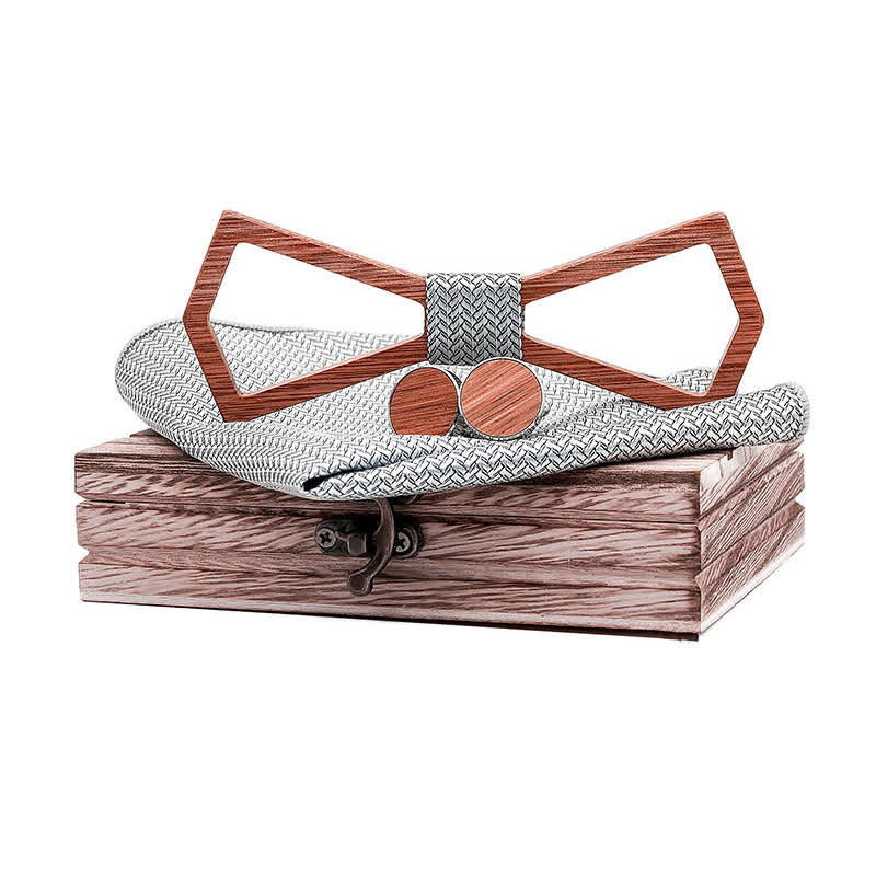 3Pcs Men's Hollow Carved Design Wooden Bow Tie Set - Gray - image 11
