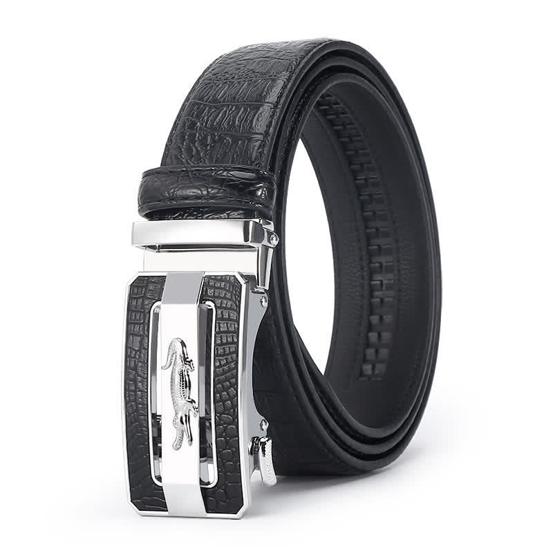 Men's Crocodile Pattern Automatic Buckle Leather Belt - Style #1 - Black / Silver - 44 - image 5