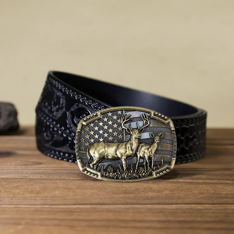 Men's DIY Deer Hunter American Flag Buckle Leather Belt - Gold Deers - Black Carved Belt (40) - image 25