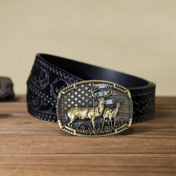 Men's DIY Deer Hunter American Flag Buckle Leather Belt - Gold Deers - Black Carved Belt (40) - image 25