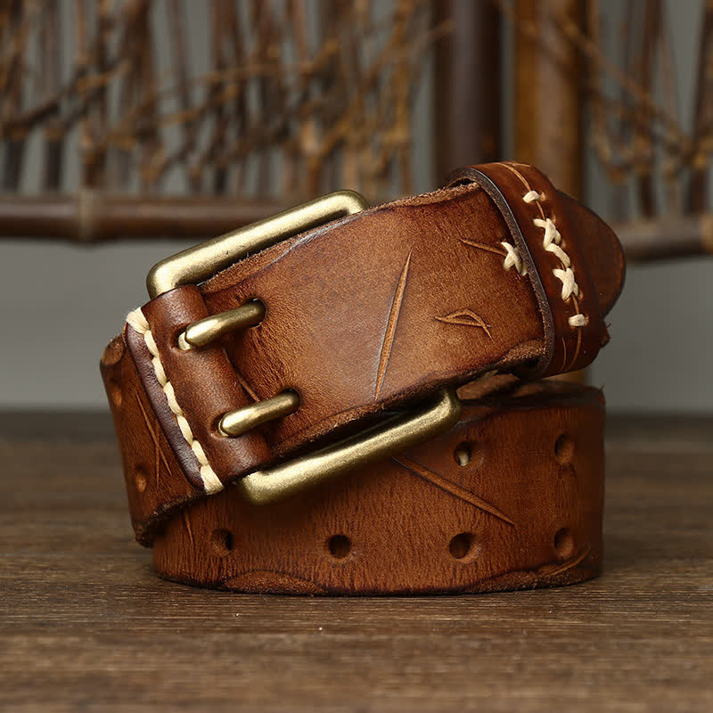 Men's Distressed Double Needle Buckle Leather Belt - Yellowish Brown - 44 - image 0