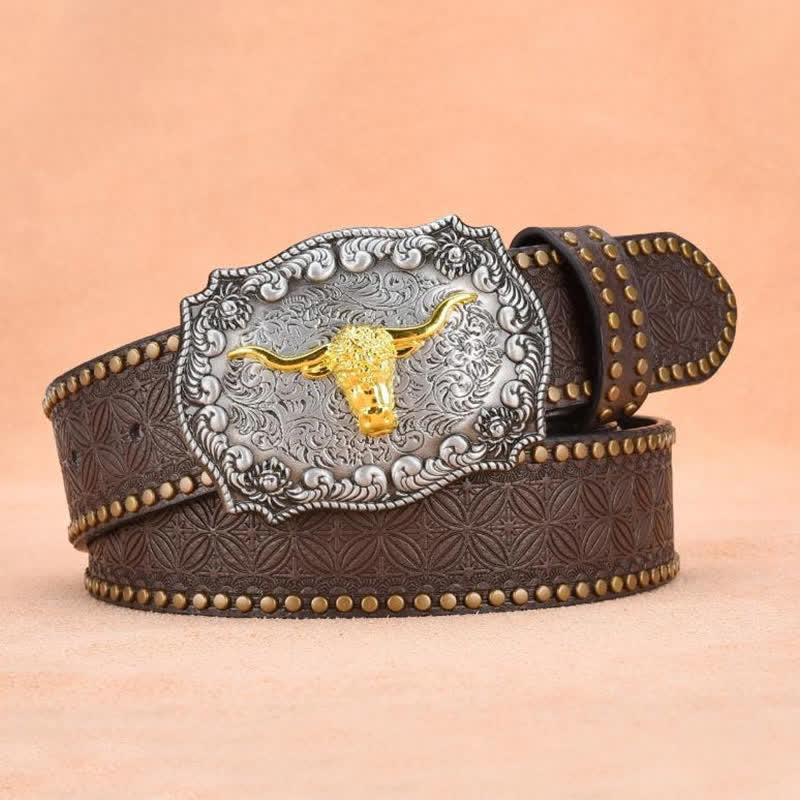 Men's Punk Rivet Gold Longhorn Bull Leather Belt - image 11