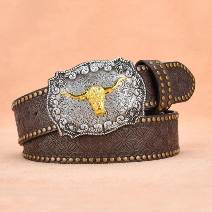 Men's Punk Rivet Gold Longhorn Bull Leather Belt - image 11