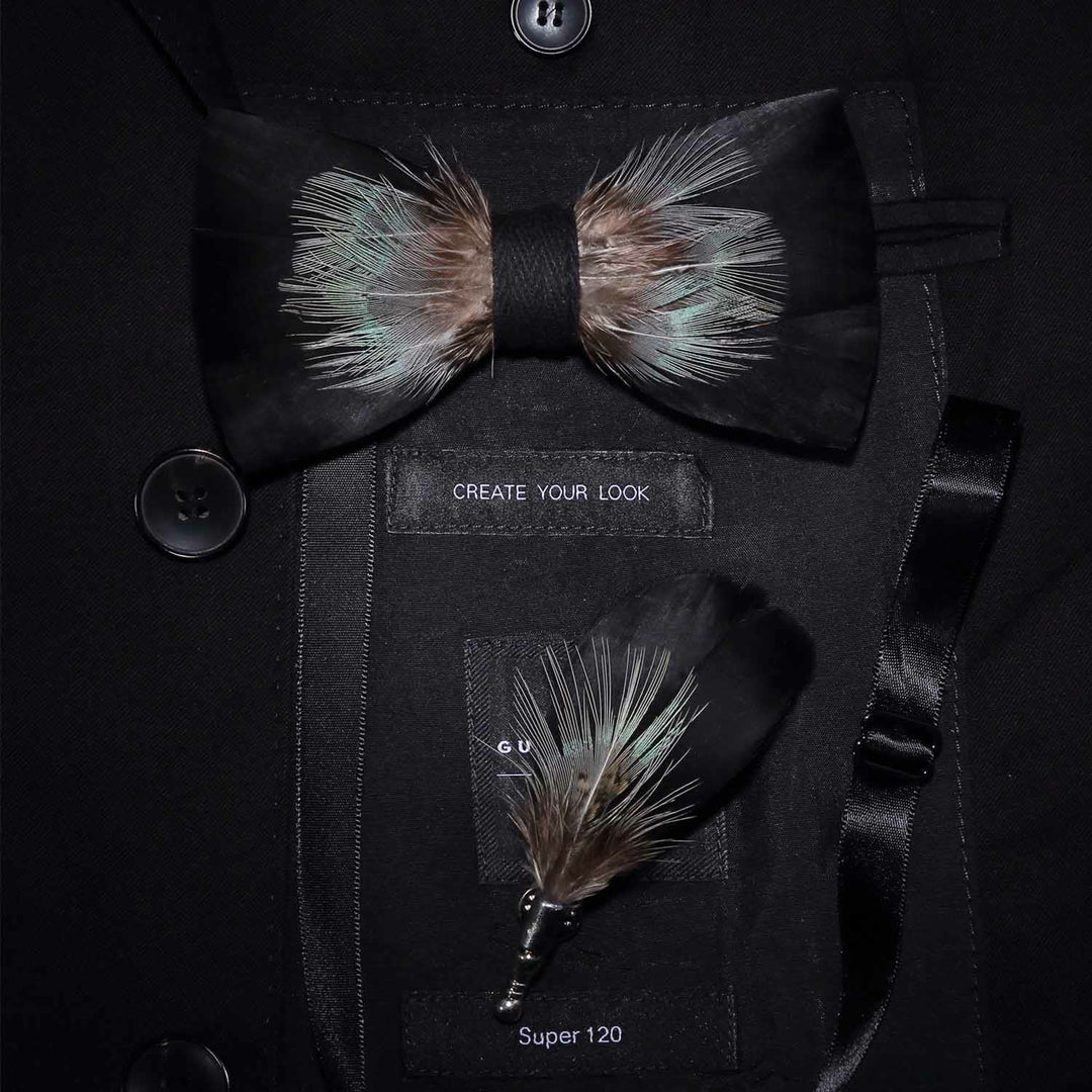 Black & Green Mountain Feather Bow Tie with Lapel Pin - Black & Green - image 0