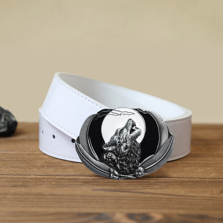 Men's DIY Howling Wolf Moon Oval Buckle Leather Belt - White - White PU Belt (40) - image 9