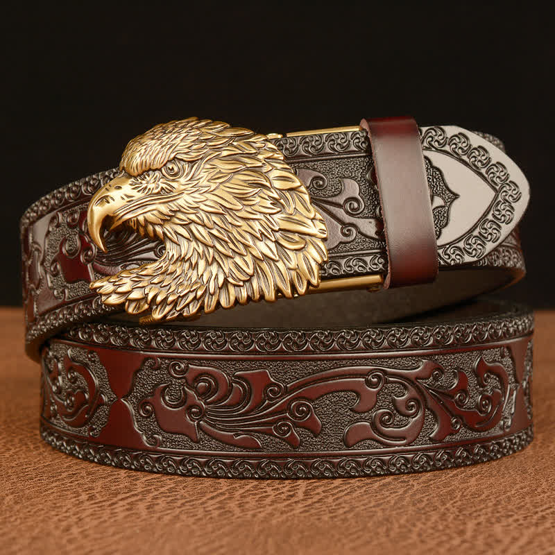Men's Three-dimensional Eagle Head Leather Belt - Gold & Brown - 46 - image 0