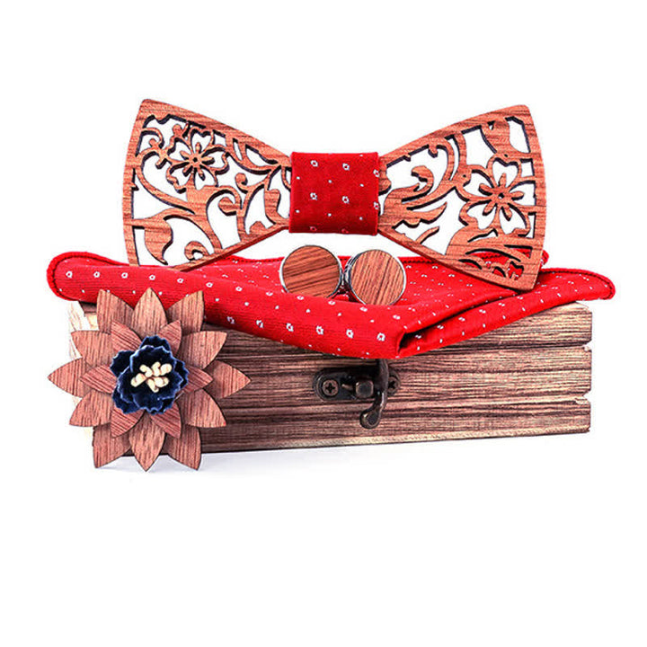 4pcs Men's Hollow Floral Wooden Bow Tie Set - Red - image 13
