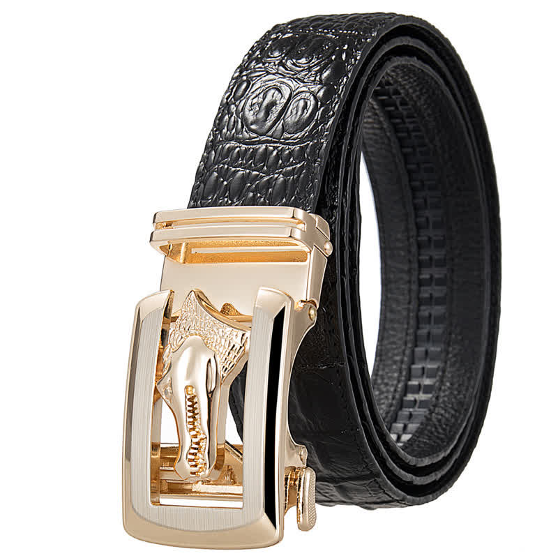 Men's Hollow Automatic Buckle Crocodile Print Leather Belt - Black / Gold - 46 - image 6