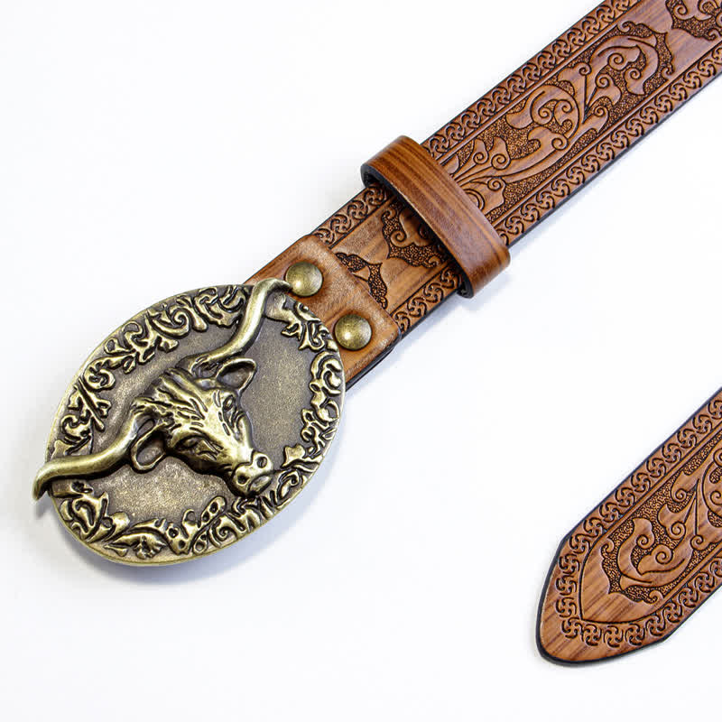Men's Vintage Bull Head Brown Embossed Leather Belt - image 1
