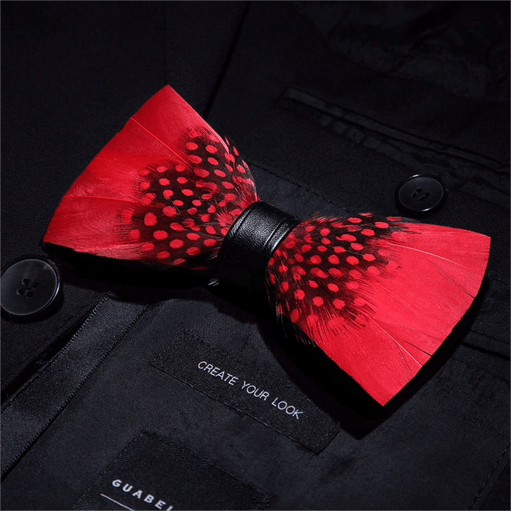 Red & Black Finch Feather Bow Tie with Lapel Pin - image 2
