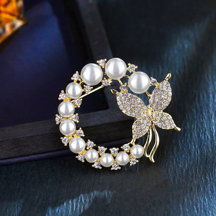 Women's Golden Butterfly Pearl Wreath Brooch - image 3