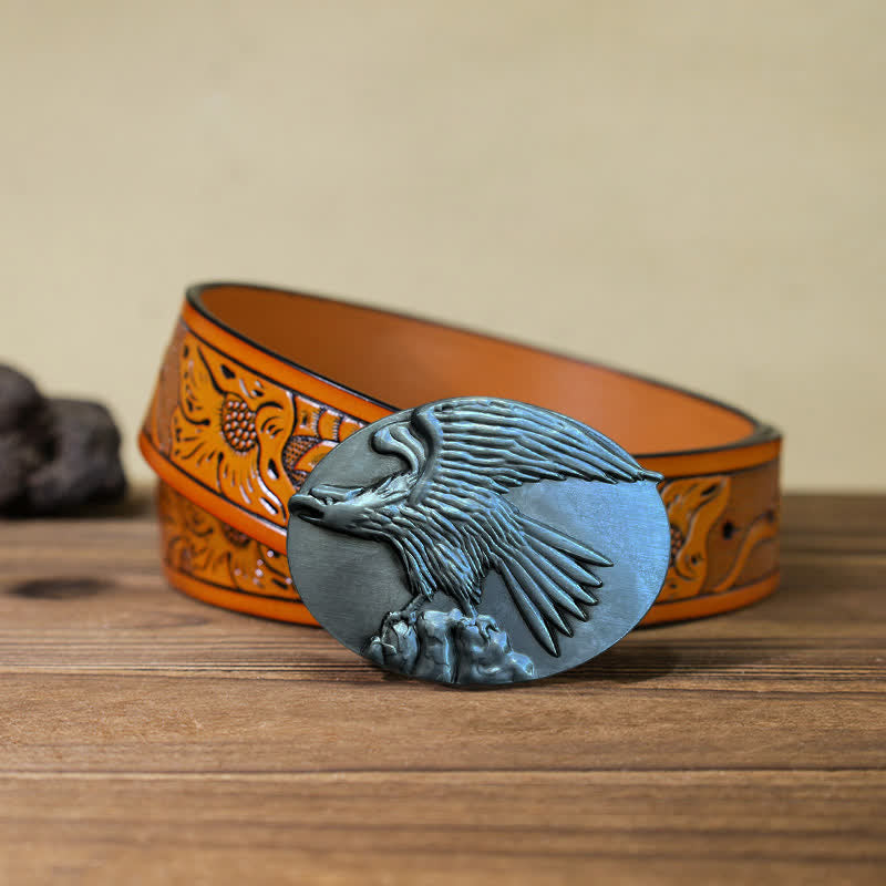 Men's DIY Eagle On Stone Buckle Leather Belt - Silver - Orange Carved Belt (40) - image 23
