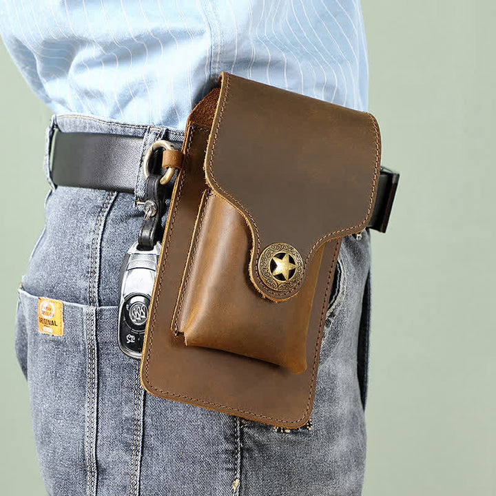 Leather Outdoor Magnetic Star Buckle Phone Belt Bag - Brown - image 8