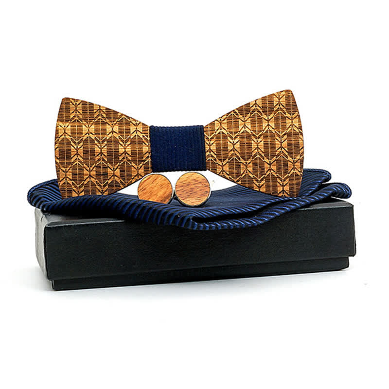 3Pcs Men's Carving Crown Wooden Bow Tie Set - Dark Blue Twill - image 10