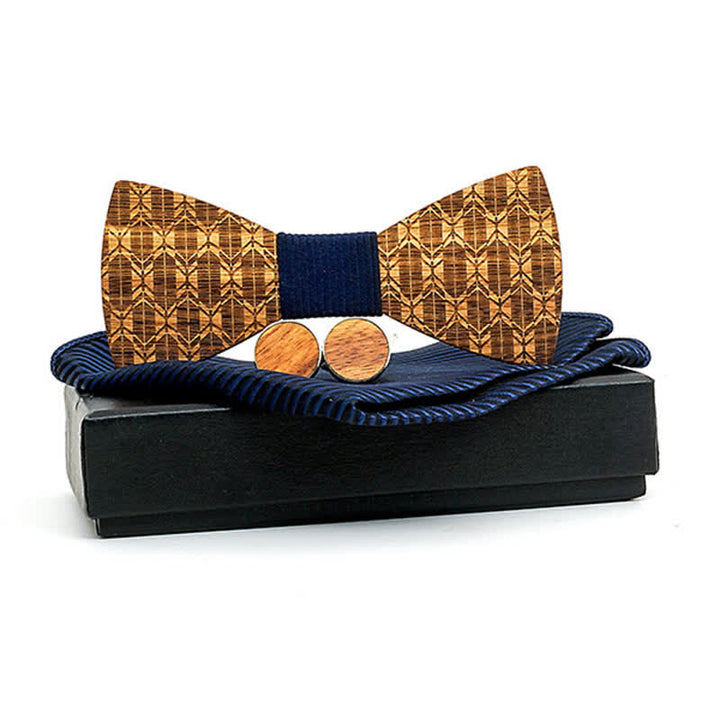 3Pcs Men's Carving Crown Wooden Bow Tie Set - Dark Blue Twill - image 10