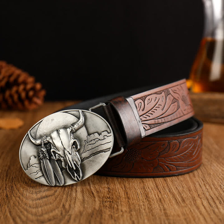 Men's Ethic Mad Bull Head Buckle Leather Belt - Coffee / Silver - 40 - image 0