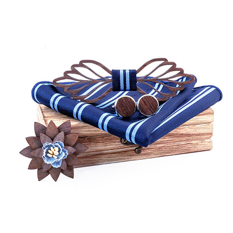 4Pcs Men's Hollow Leaves-shaped Wooden Bow Tie Set - Navy Striped - image 10