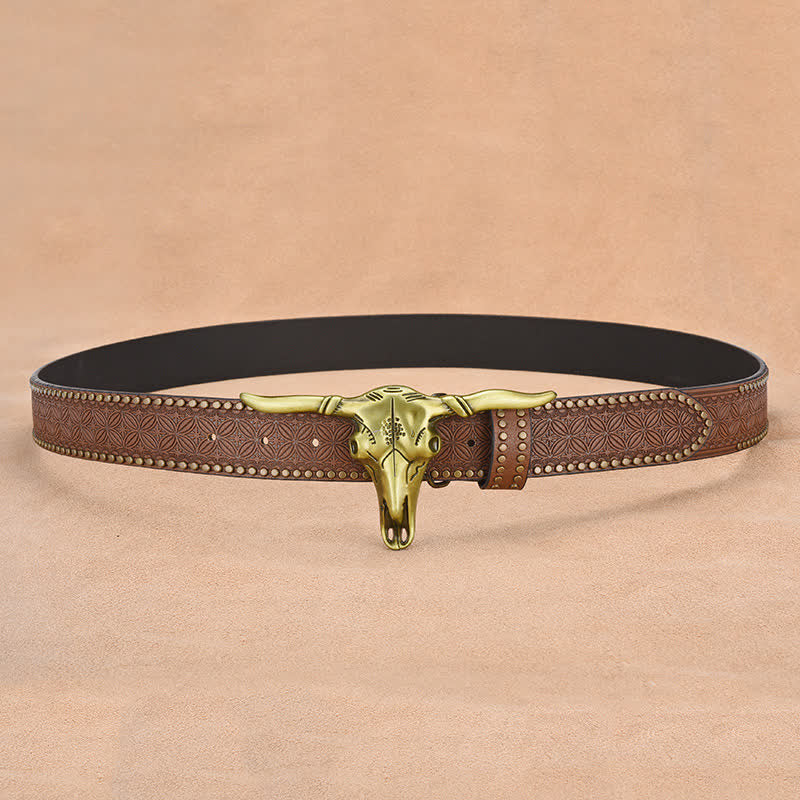 Men's Western Cattle Head Rivet Embossed Leather Belt - image 4