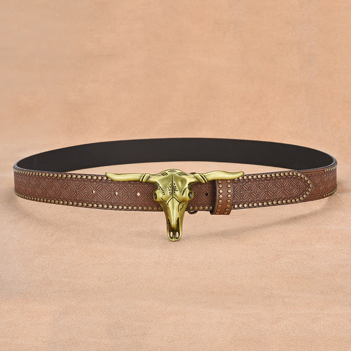Men's Western Cattle Head Rivet Embossed Leather Belt - image 4