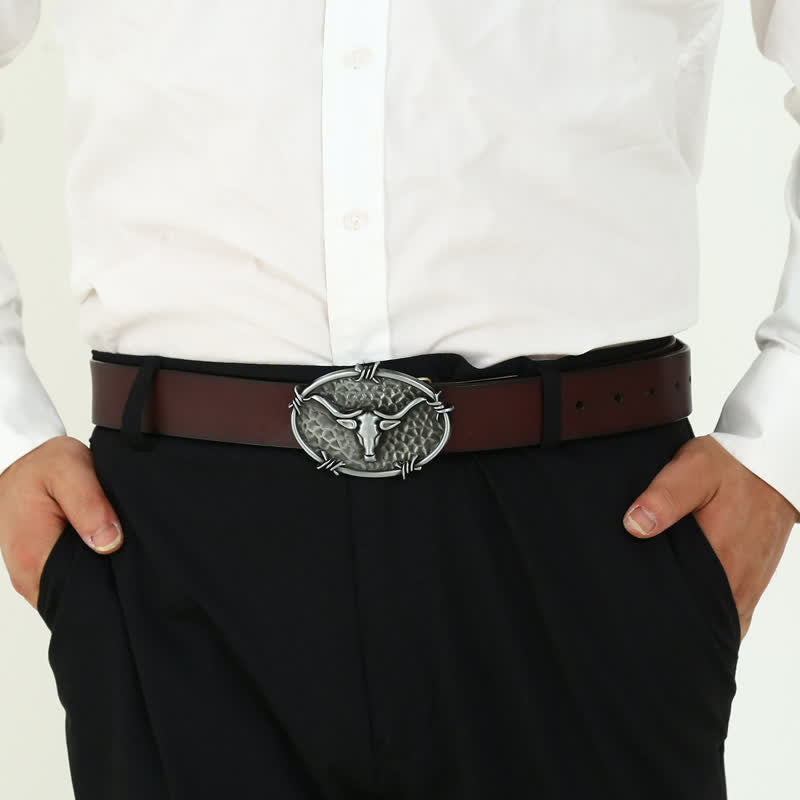 Men's DIY Cowboy Bull Head Hammered Buckle Leather Belt - image 2