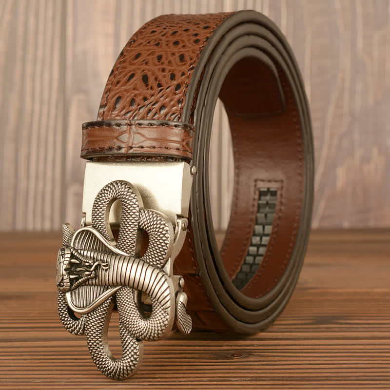 Men's Curled Cobra Alligator Pattern Leather Belt - Silver & Brown - 46 - image 18