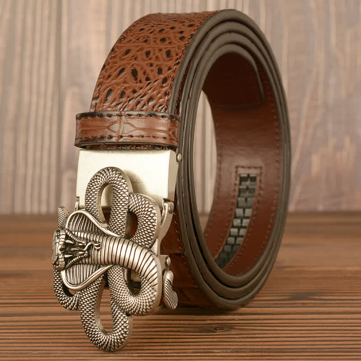 Men's Curled Cobra Alligator Pattern Leather Belt - Silver & Brown - 46 - image 18