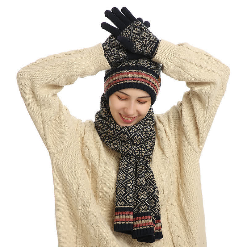 3Pcs Unisex Snowflake Hat Scarf Touchscreen Gloves Set - image 5