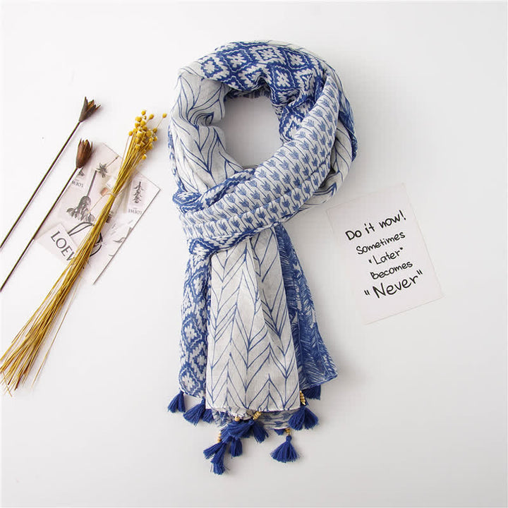 Women's Feather Pattern Beaded Tassels Scarf - image 1