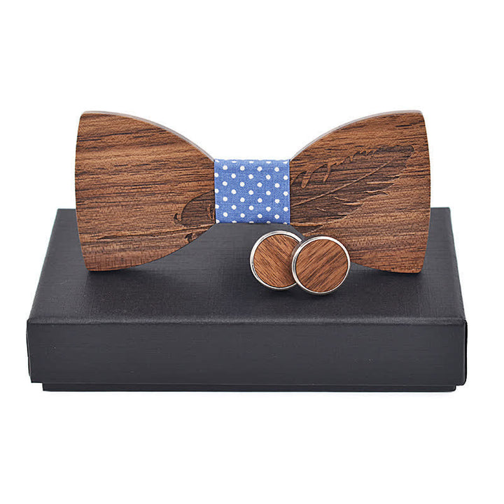 2Pcs Men's Feather Engraving Wooden Bow Tie Set - SkyBlue Dots - image 8