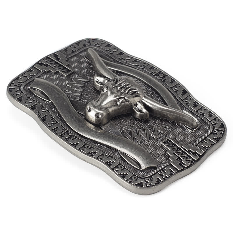 Men's DIY Silver Square Longhorn Bull Buckle Leather Belt - image 3