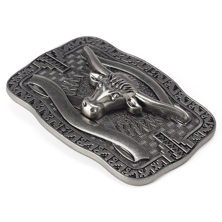 Men's DIY Silver Square Longhorn Bull Buckle Leather Belt - image 3