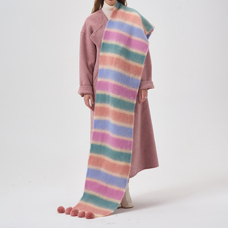 Women's Rainbow Color Striped Tassel Scarf - Pink - image 3